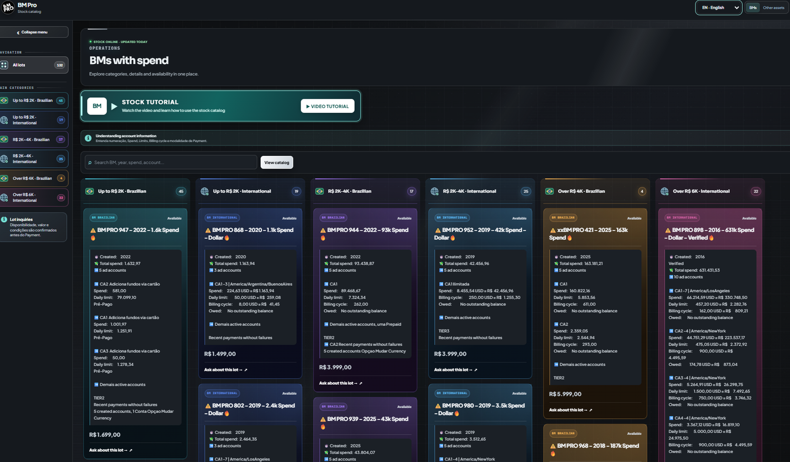 BM Pro stock organized by spend range and origin, with lot details and inquiry buttons.